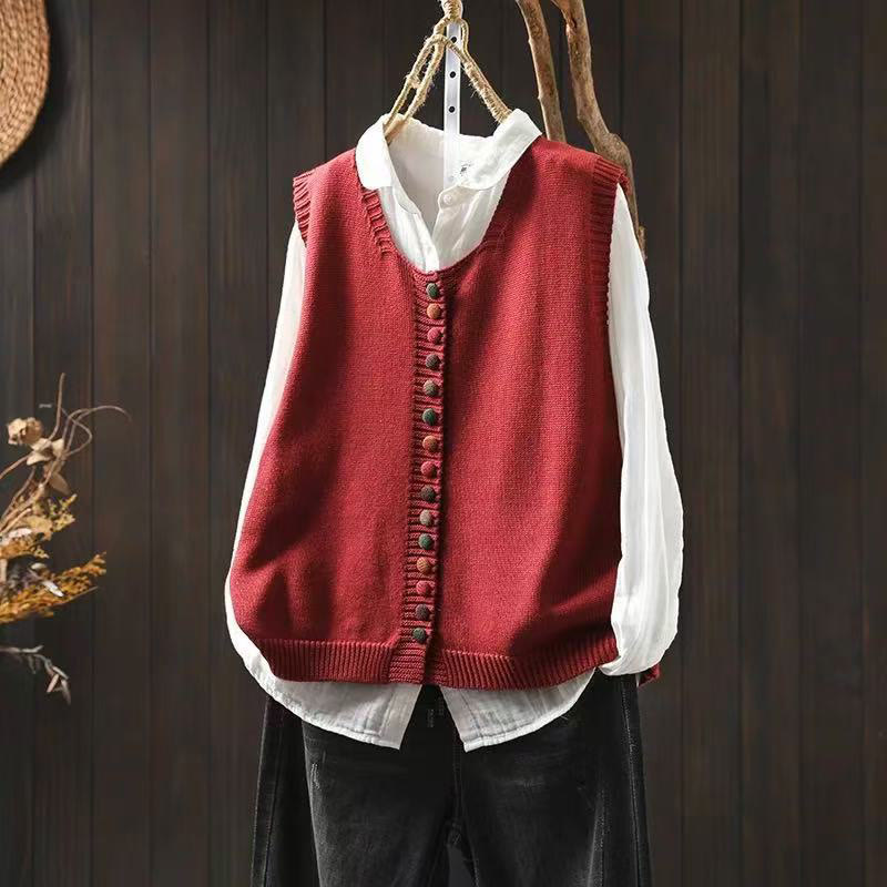 Colorful Buttons Women's Sleeveless Cotton Knitted Vest Waistcoat