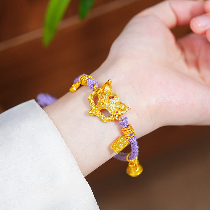 24k Gold Plated Brass Fox & Fu Character Bell Woven Purple String Bracelet