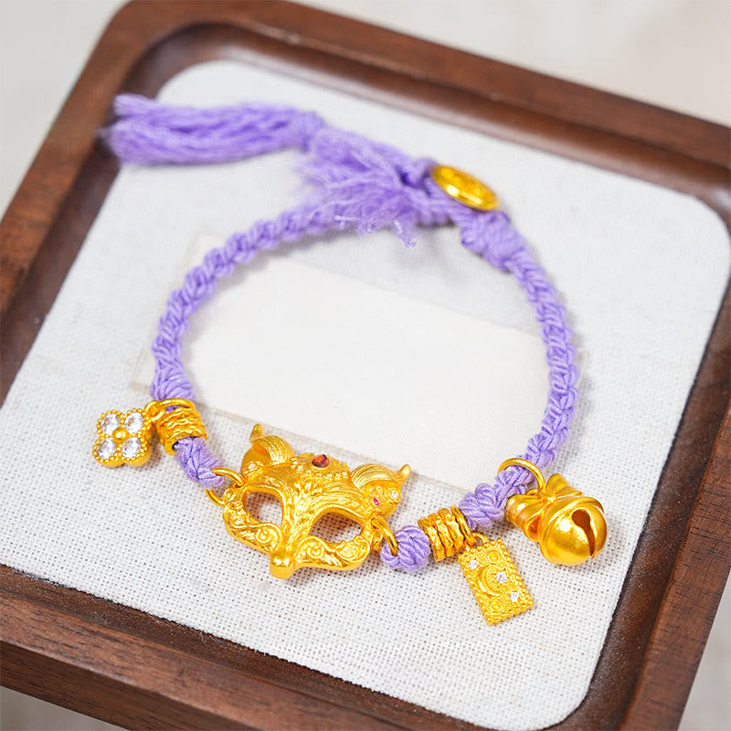 24k Gold Plated Brass Fox & Fu Character Bell Woven Purple String Bracelet