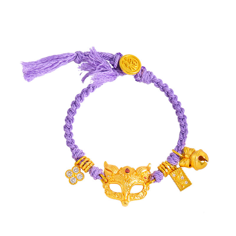 24k Gold Plated Brass Fox & Fu Character Bell Woven Purple String Bracelet