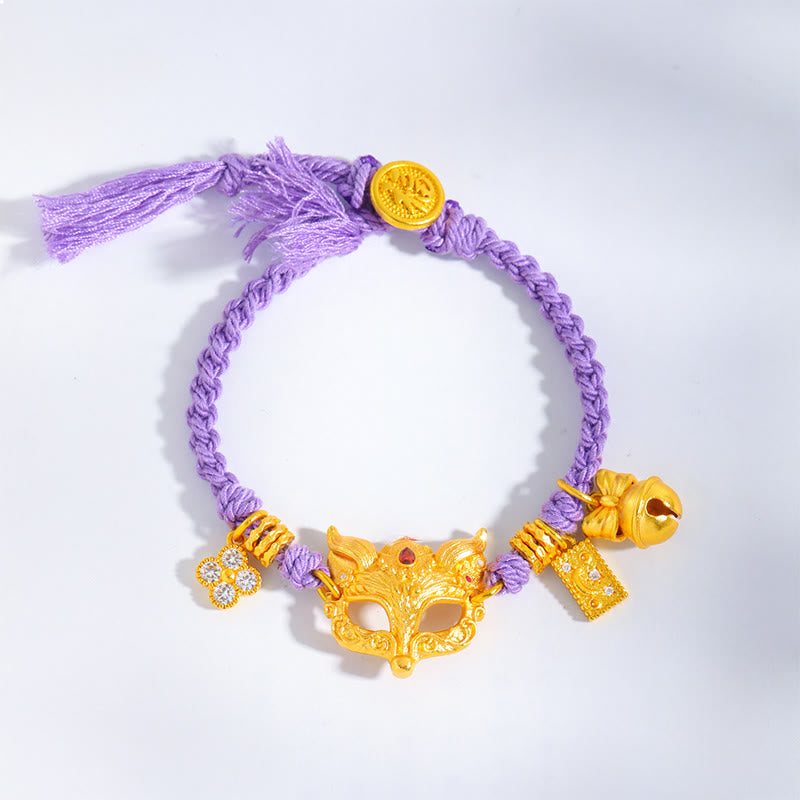 24k Gold Plated Brass Fox & Fu Character Bell Woven Purple String Bracelet