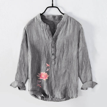 Cotton Linen Stand Collar Lotus Koi Print Meditation Shirt