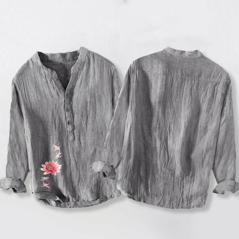 Cotton Linen Stand Collar Lotus Koi Print Meditation Shirt