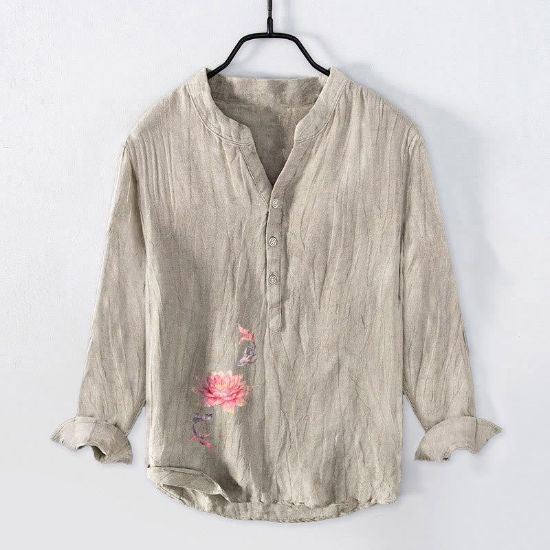 Cotton Linen Stand Collar Lotus Koi Print Meditation Shirt