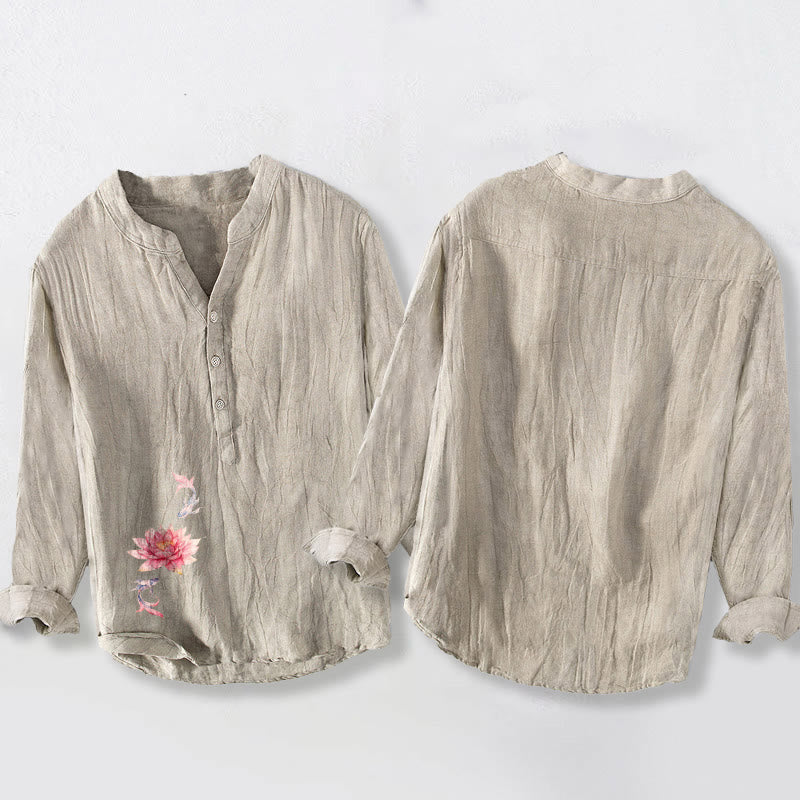 Cotton Linen Stand Collar Lotus Koi Print Meditation Shirt