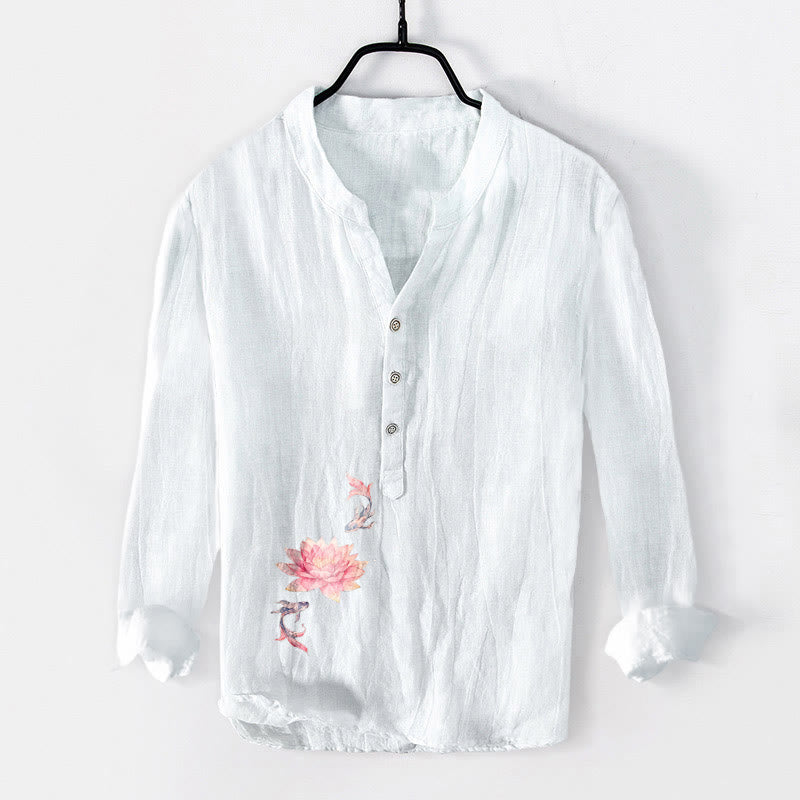 Cotton Linen Stand Collar Lotus Koi Print Meditation Shirt