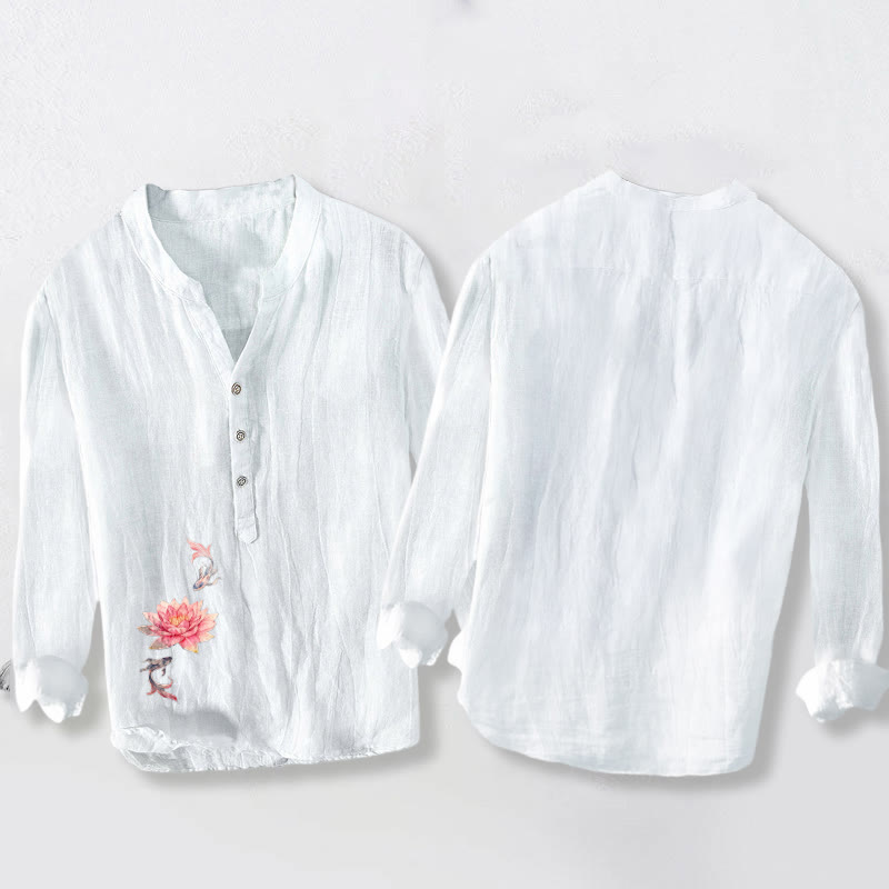 Cotton Linen Stand Collar Lotus Koi Print Meditation Shirt