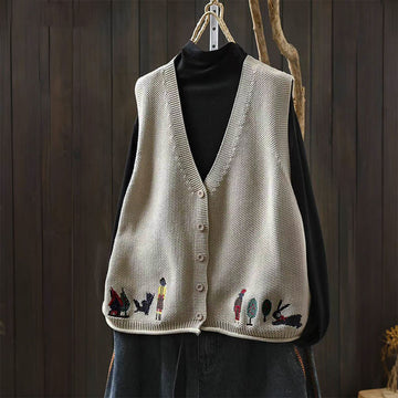 Figure Rabbit Tree Embroidery Buttons Women's Sleeveless Cotton Knitted Vest Waistcoat