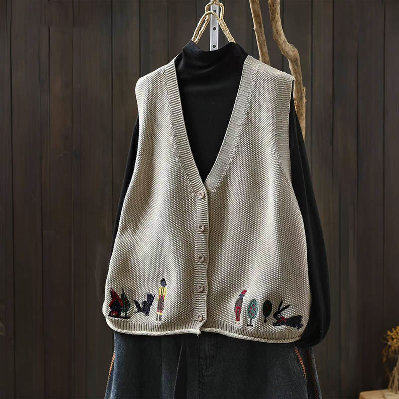 Figure Rabbit Tree Embroidery Buttons Women's Sleeveless Cotton Knitted Vest Waistcoat