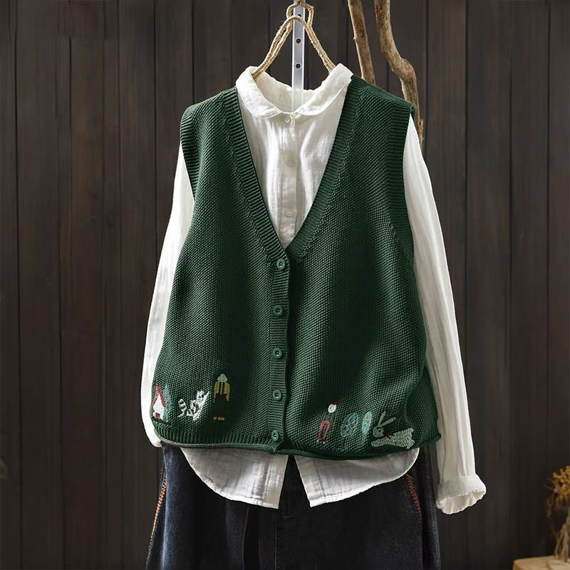 Figure Rabbit Tree Embroidery Buttons Women's Sleeveless Cotton Knitted Vest Waistcoat