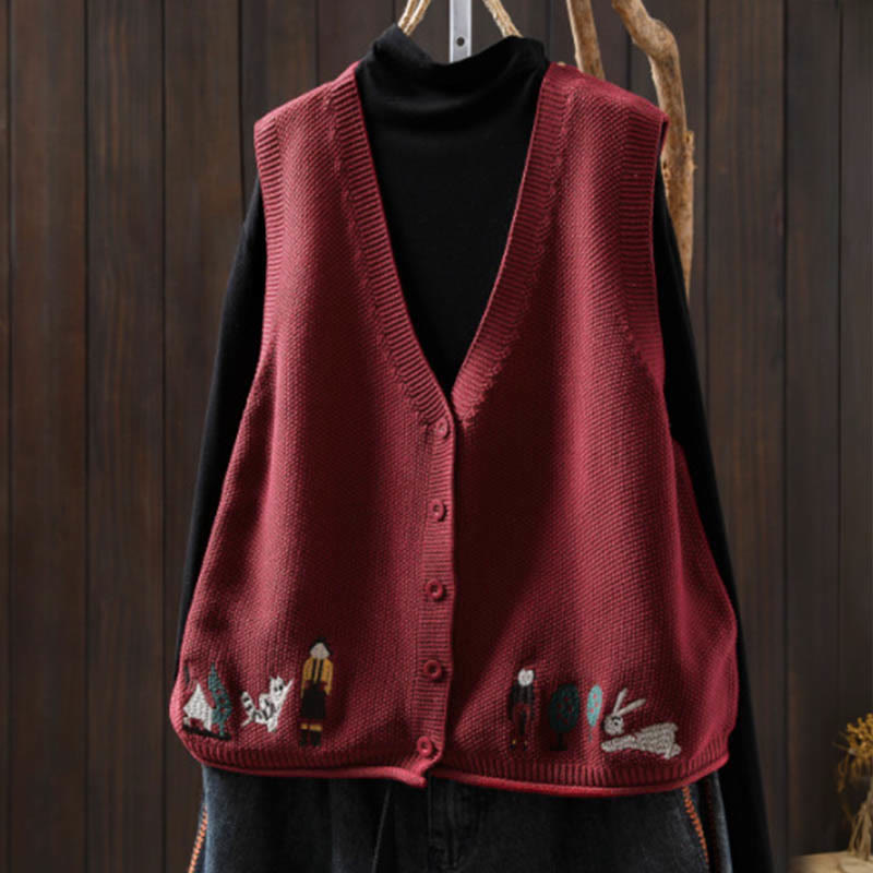 Figure Rabbit Tree Embroidery Buttons Women's Sleeveless Cotton Knitted Vest Waistcoat