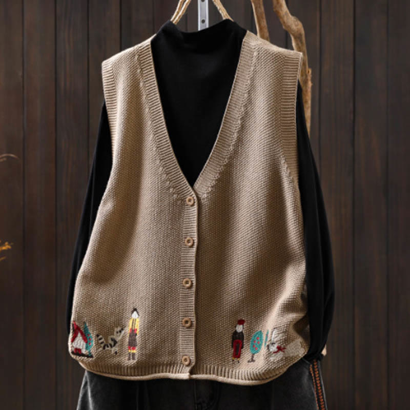 Figure Rabbit Tree Embroidery Buttons Women's Sleeveless Cotton Knitted Vest Waistcoat