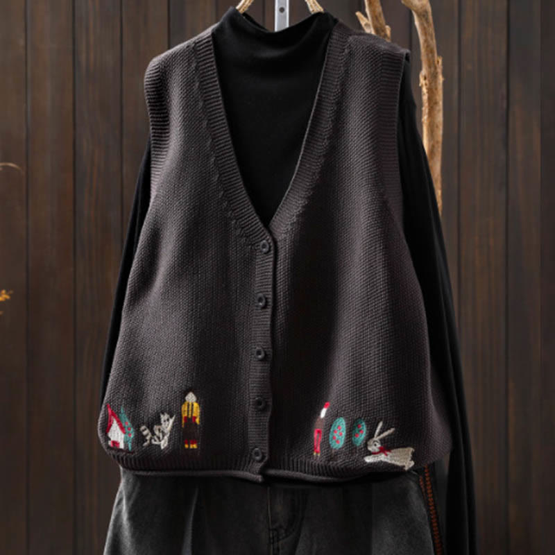 Figure Rabbit Tree Embroidery Buttons Women's Sleeveless Cotton Knitted Vest Waistcoat