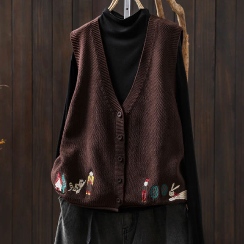 Figure Rabbit Tree Embroidery Buttons Women's Sleeveless Cotton Knitted Vest Waistcoat