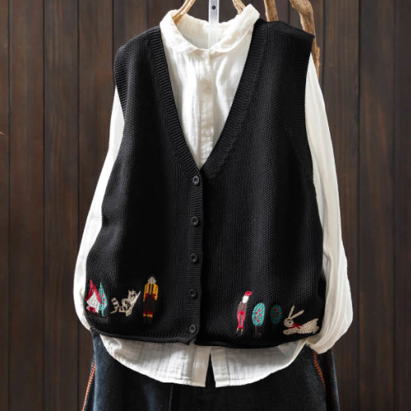 Figure Rabbit Tree Embroidery Buttons Women's Sleeveless Cotton Knitted Vest Waistcoat