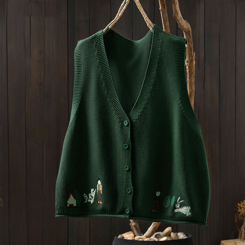 Figure Rabbit Tree Embroidery Buttons Women's Sleeveless Cotton Knitted Vest Waistcoat