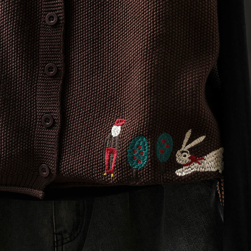 Figure Rabbit Tree Embroidery Buttons Women's Sleeveless Cotton Knitted Vest Waistcoat