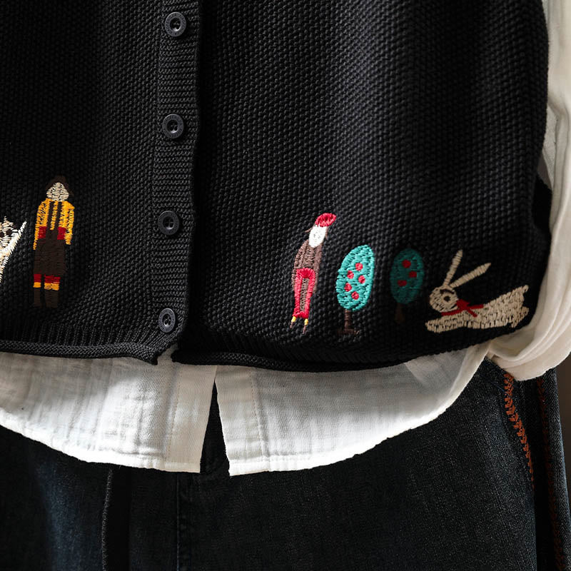 Figure Rabbit Tree Embroidery Buttons Women's Sleeveless Cotton Knitted Vest Waistcoat