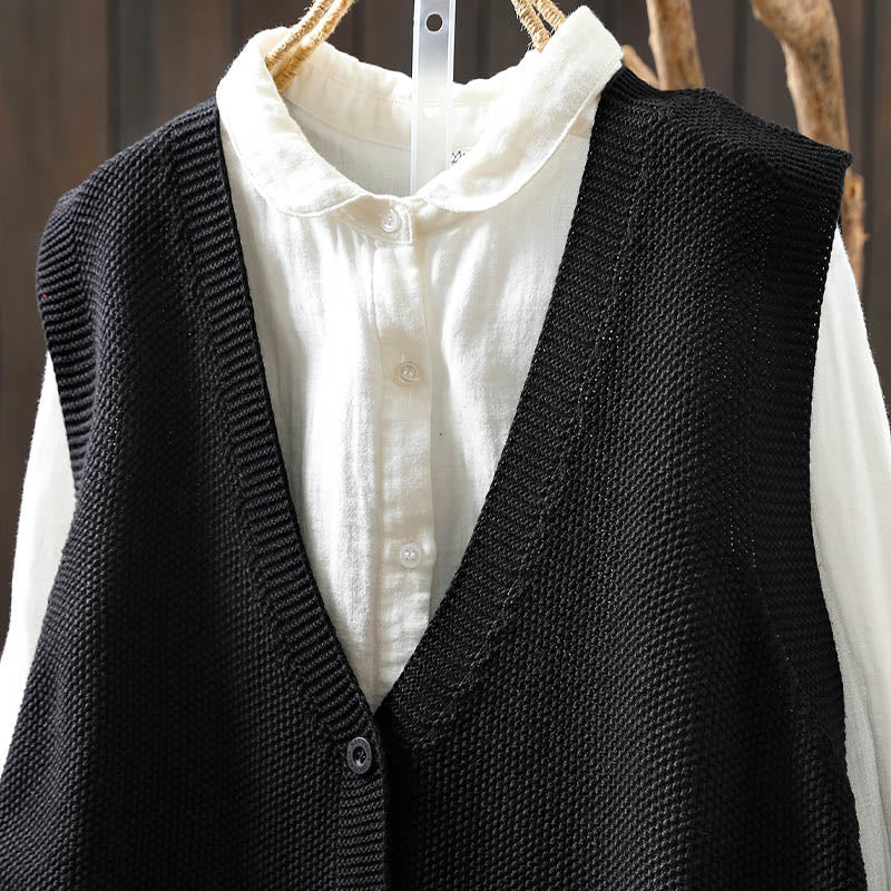 Figure Rabbit Tree Embroidery Buttons Women's Sleeveless Cotton Knitted Vest Waistcoat