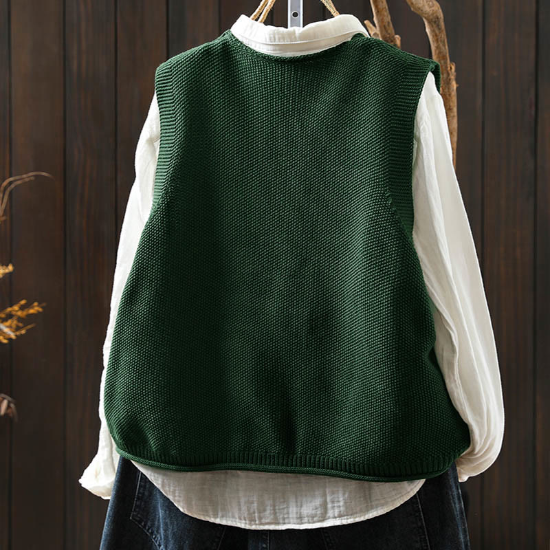 Figure Rabbit Tree Embroidery Buttons Women's Sleeveless Cotton Knitted Vest Waistcoat