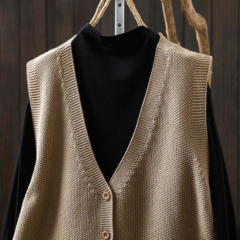 Figure Rabbit Tree Embroidery Buttons Women's Sleeveless Cotton Knitted Vest Waistcoat