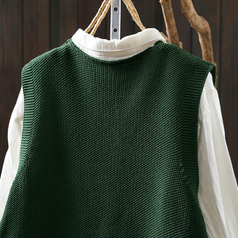 Figure Rabbit Tree Embroidery Buttons Women's Sleeveless Cotton Knitted Vest Waistcoat