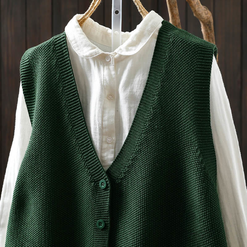 Figure Rabbit Tree Embroidery Buttons Women's Sleeveless Cotton Knitted Vest Waistcoat