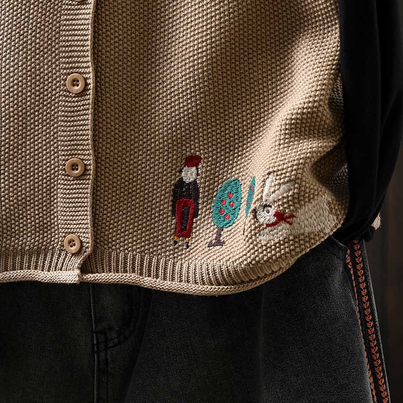 Figure Rabbit Tree Embroidery Buttons Women's Sleeveless Cotton Knitted Vest Waistcoat