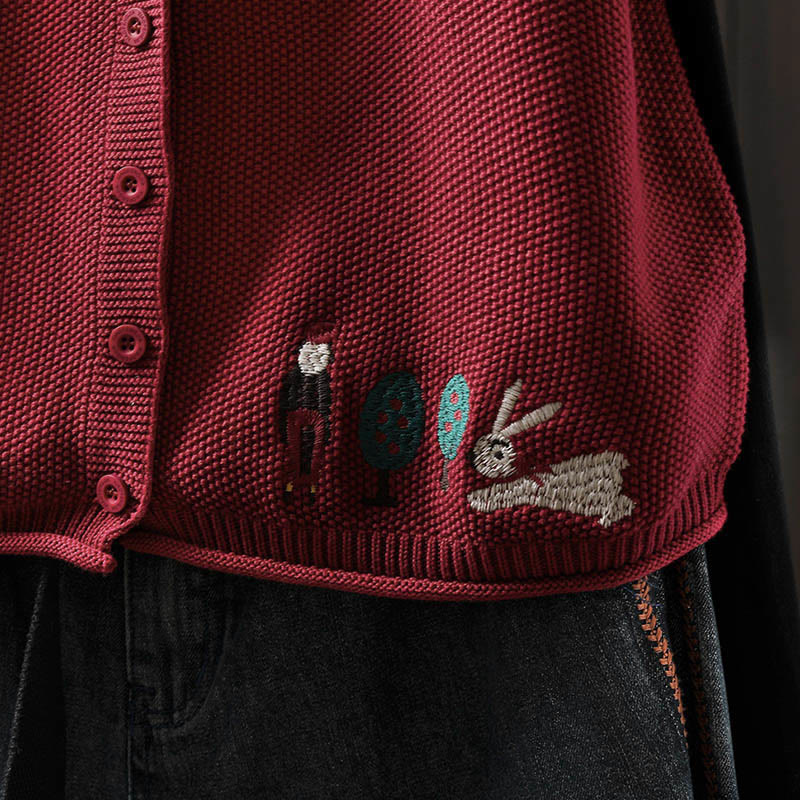 Figure Rabbit Tree Embroidery Buttons Women's Sleeveless Cotton Knitted Vest Waistcoat