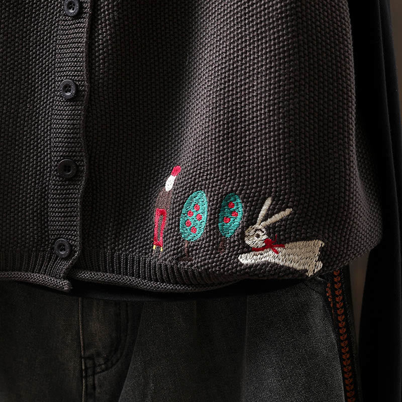 Figure Rabbit Tree Embroidery Buttons Women's Sleeveless Cotton Knitted Vest Waistcoat
