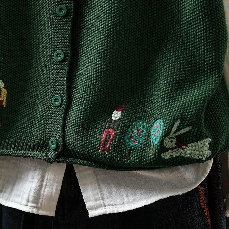 Figure Rabbit Tree Embroidery Buttons Women's Sleeveless Cotton Knitted Vest Waistcoat