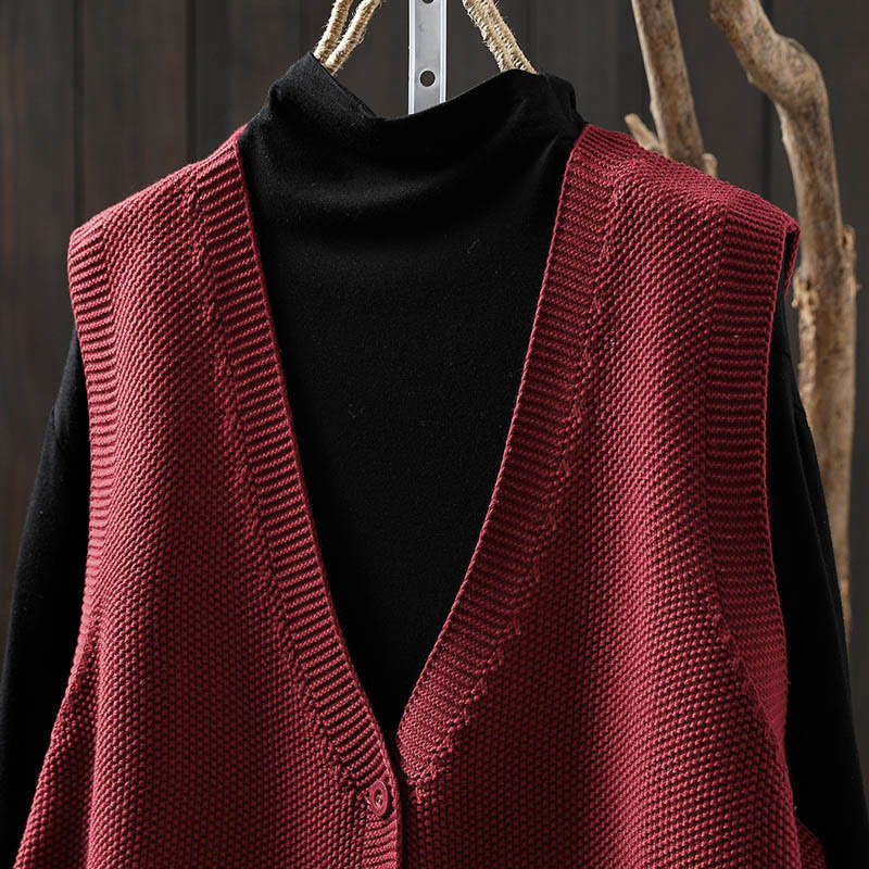 Figure Rabbit Tree Embroidery Buttons Women's Sleeveless Cotton Knitted Vest Waistcoat