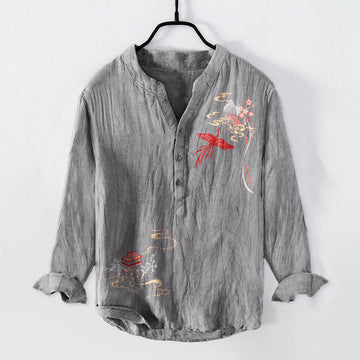Tactile Cotton Linen Stand Collar Cloud Pattern Men's Shirt