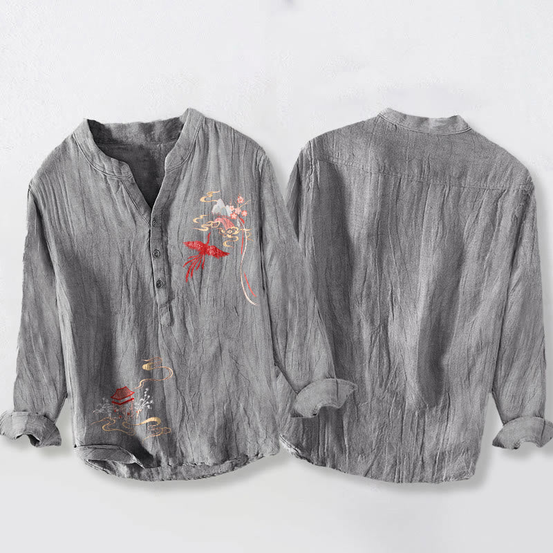 Tactile Cotton Linen Stand Collar Cloud Pattern Men's Shirt