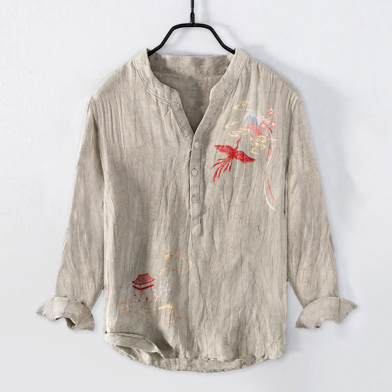Tactile Cotton Linen Stand Collar Cloud Pattern Men's Shirt