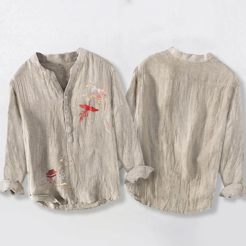 Tactile Cotton Linen Stand Collar Cloud Pattern Men's Shirt