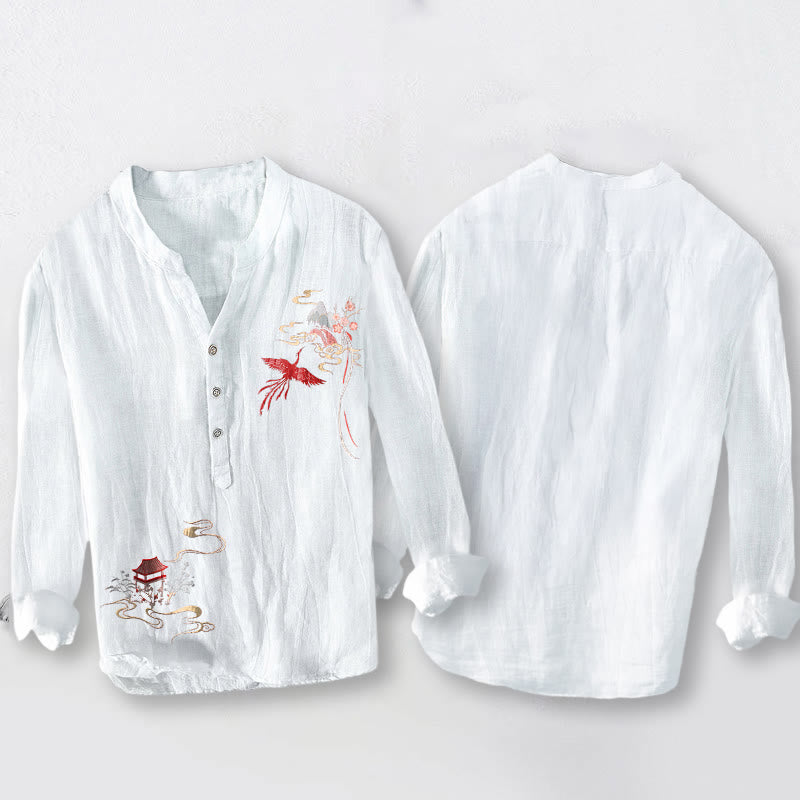 Tactile Cotton Linen Stand Collar Cloud Pattern Men's Shirt