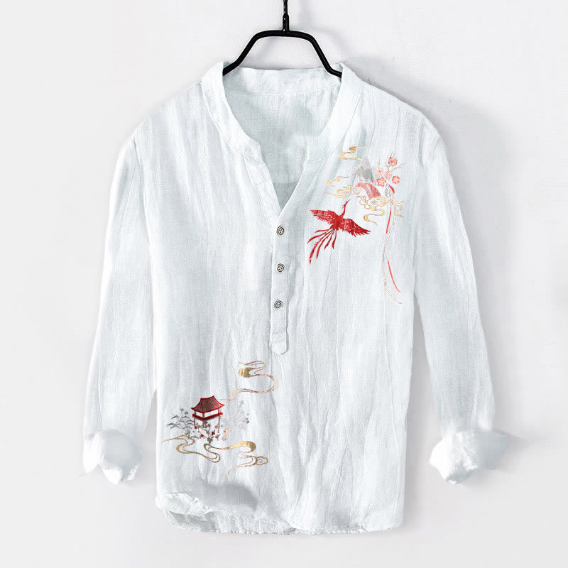 Tactile Cotton Linen Stand Collar Cloud Pattern Men's Shirt