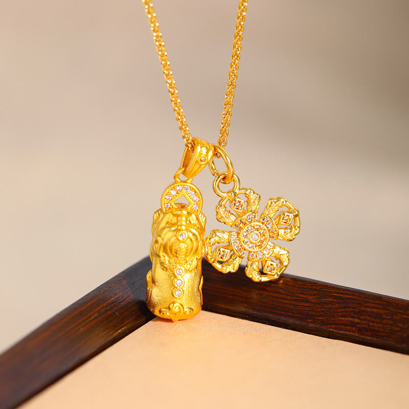 24k Gold Plated Brass Pixiu Cross Dorje Vajra Wealth Chain Pendant Necklace
