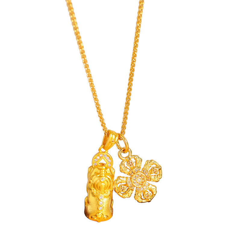 24k Gold Plated Brass Pixiu Cross Dorje Vajra Wealth Chain Pendant Necklace