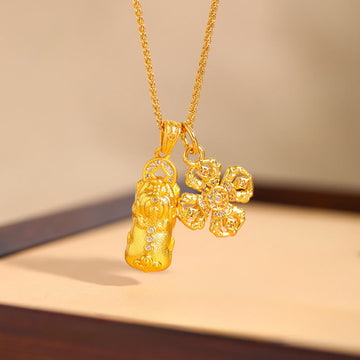 24k Gold Plated Brass Pixiu Cross Dorje Vajra Wealth Chain Pendant Necklace