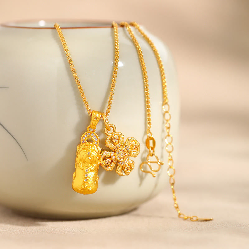 24k Gold Plated Brass Pixiu Cross Dorje Vajra Wealth Chain Pendant Necklace