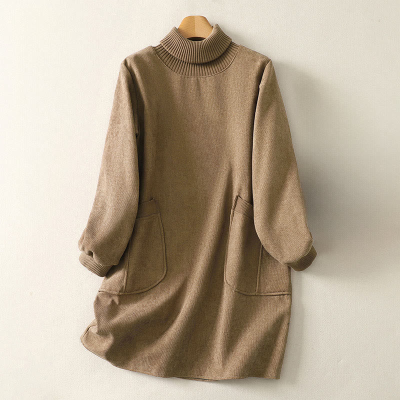 Winter High Neck Warm Cotton Women's Long Sleeve Midi Dress With Pockets