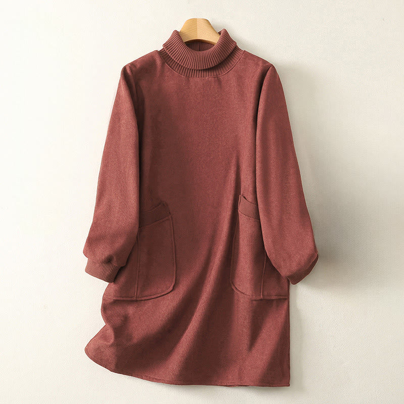 Winter High Neck Warm Cotton Women's Long Sleeve Midi Dress With Pockets