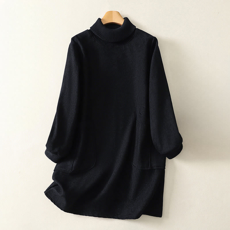 Winter High Neck Warm Cotton Women's Long Sleeve Midi Dress With Pockets