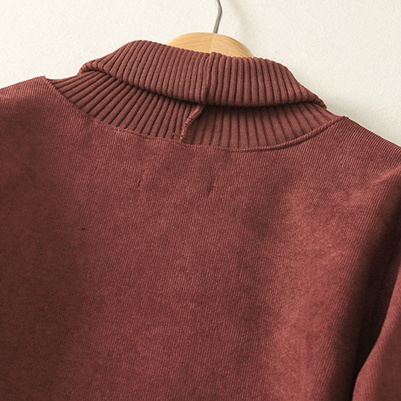 Winter High Neck Warm Cotton Women's Long Sleeve Midi Dress With Pockets