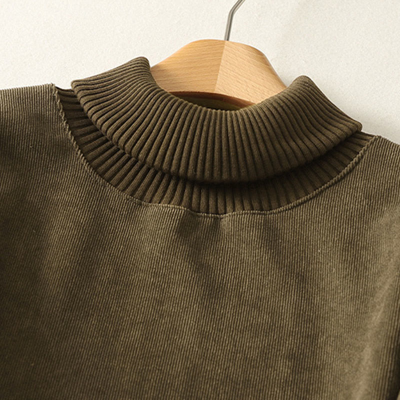 Winter High Neck Warm Cotton Women's Long Sleeve Midi Dress With Pockets