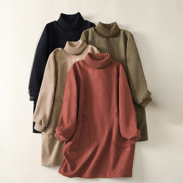 Winter High Neck Warm Cotton Women's Long Sleeve Midi Dress With Pockets