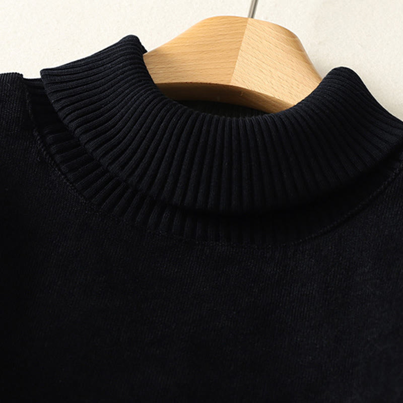 Winter High Neck Warm Cotton Women's Long Sleeve Midi Dress With Pockets