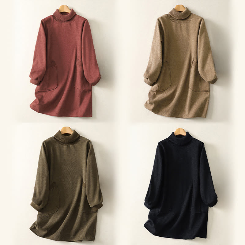 Winter High Neck Warm Cotton Women's Long Sleeve Midi Dress With Pockets